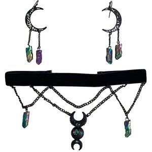 Black Moon Iridescent Crystal Witch Earrings & Choker Halloween Set
